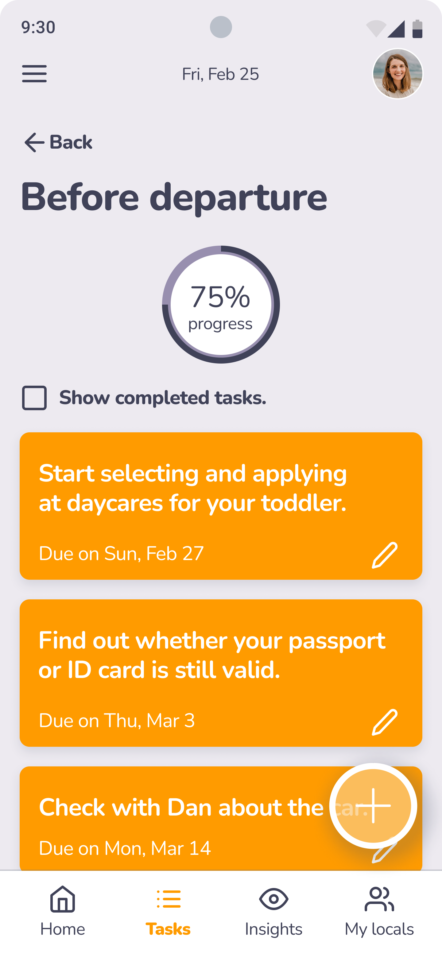 App screen titled: Before Departure, displaying all subsequent tasks.