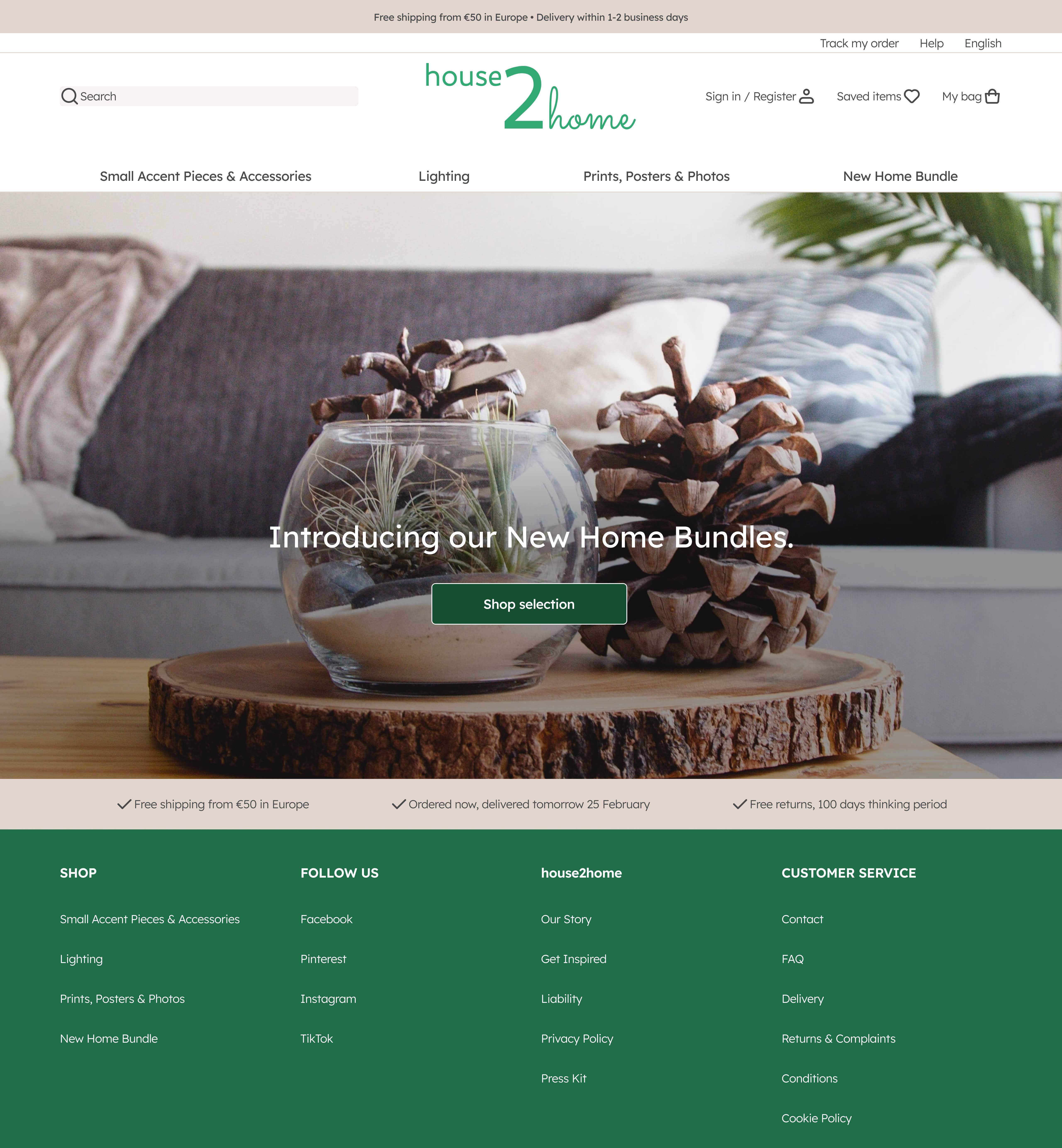 Homepage design for the House2home website.
