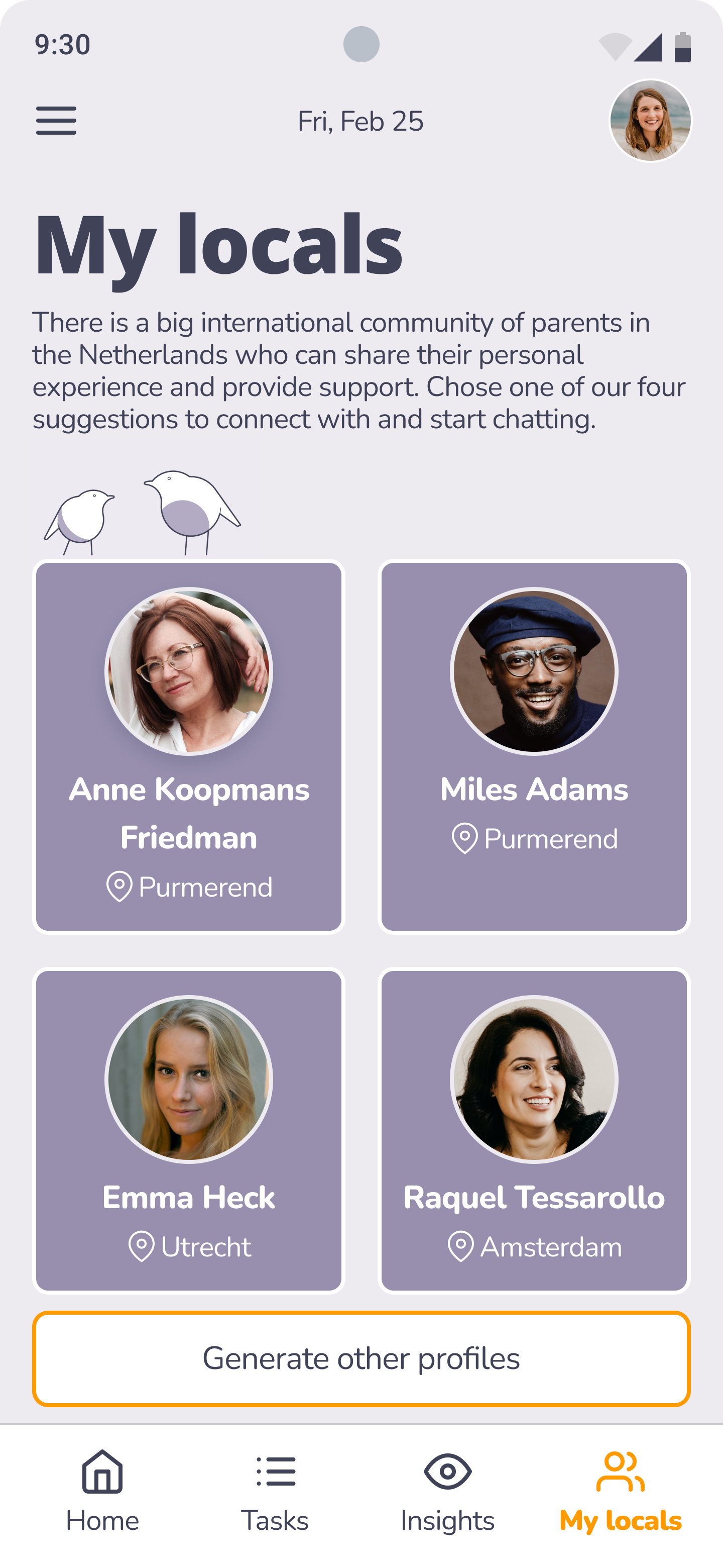 App screen titled: My locals, depicting the avatars of 4 possible connections.