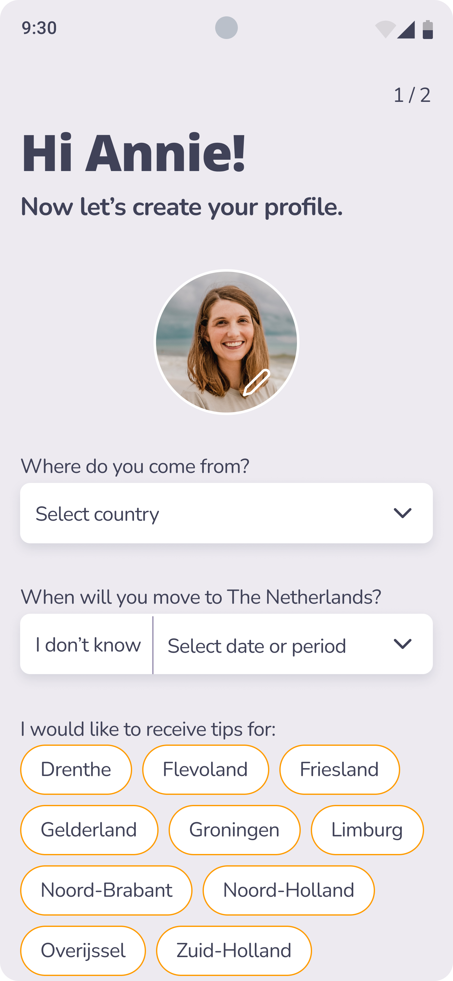 App screen titled: Hi Annie!, depicting a segment of the account creation flow.