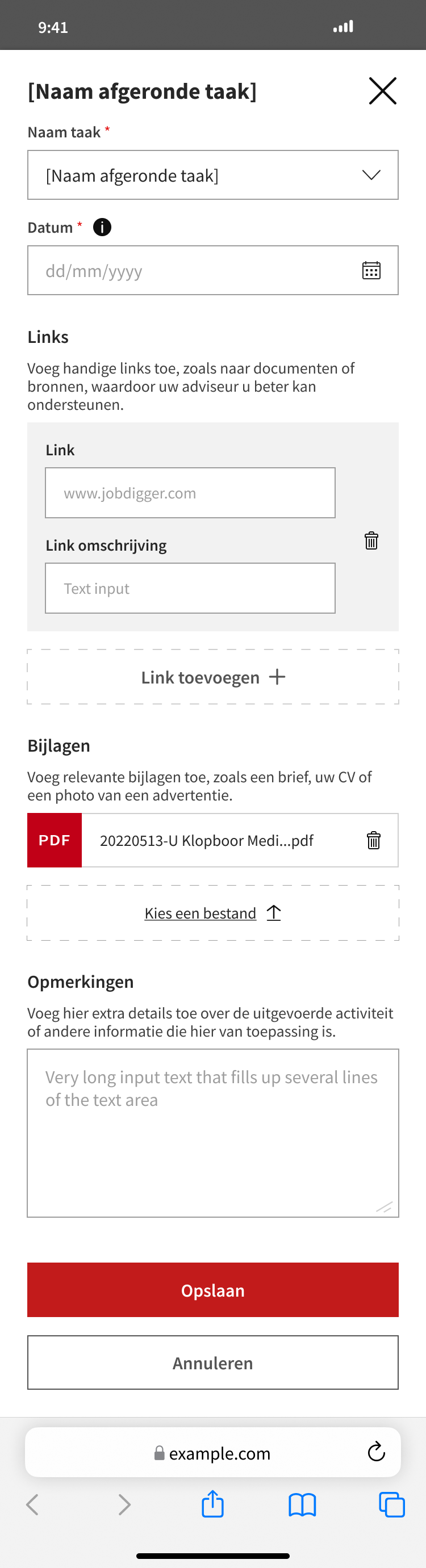 Illustration of the Add completed task  template screen for mobile.
