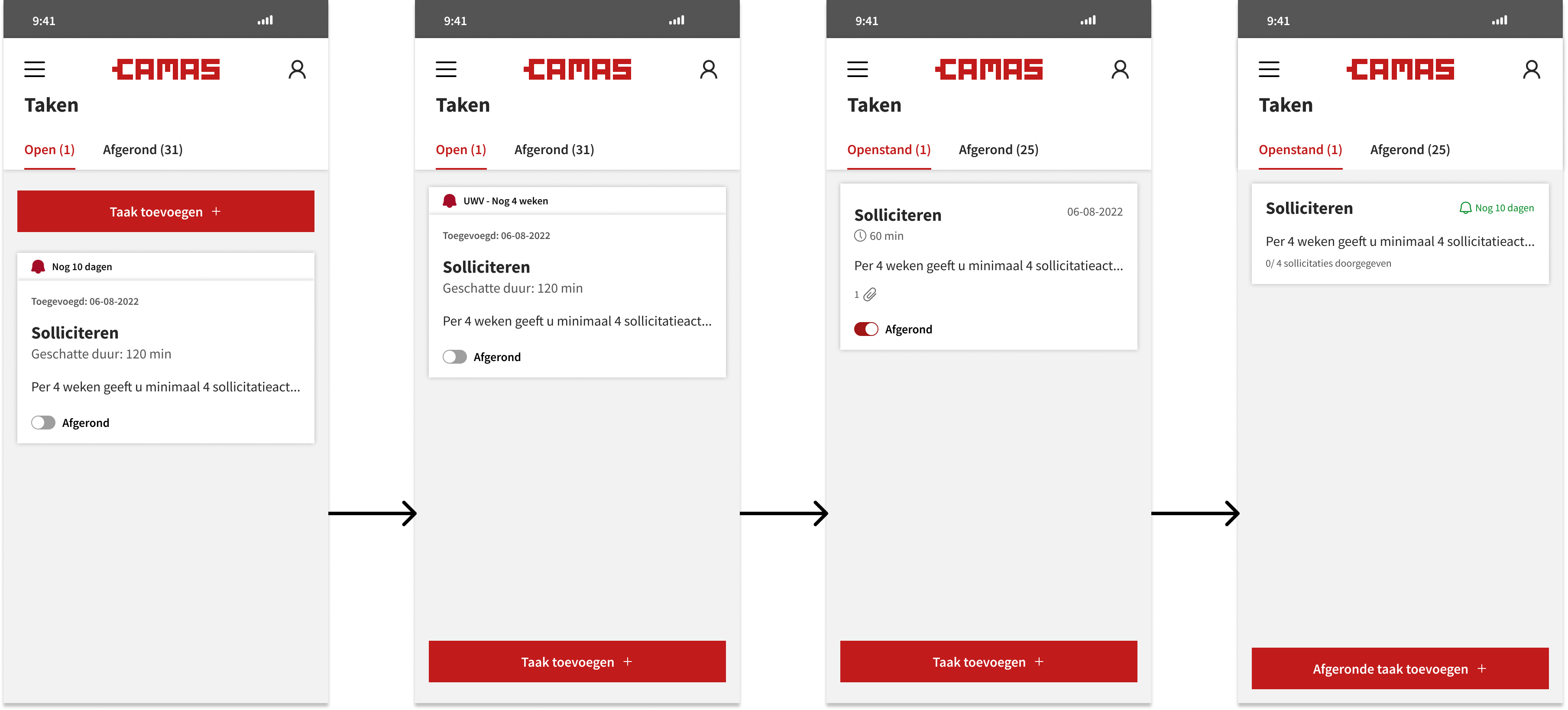 Collage featuring various iterations of the Open Tasks screen for mobile.