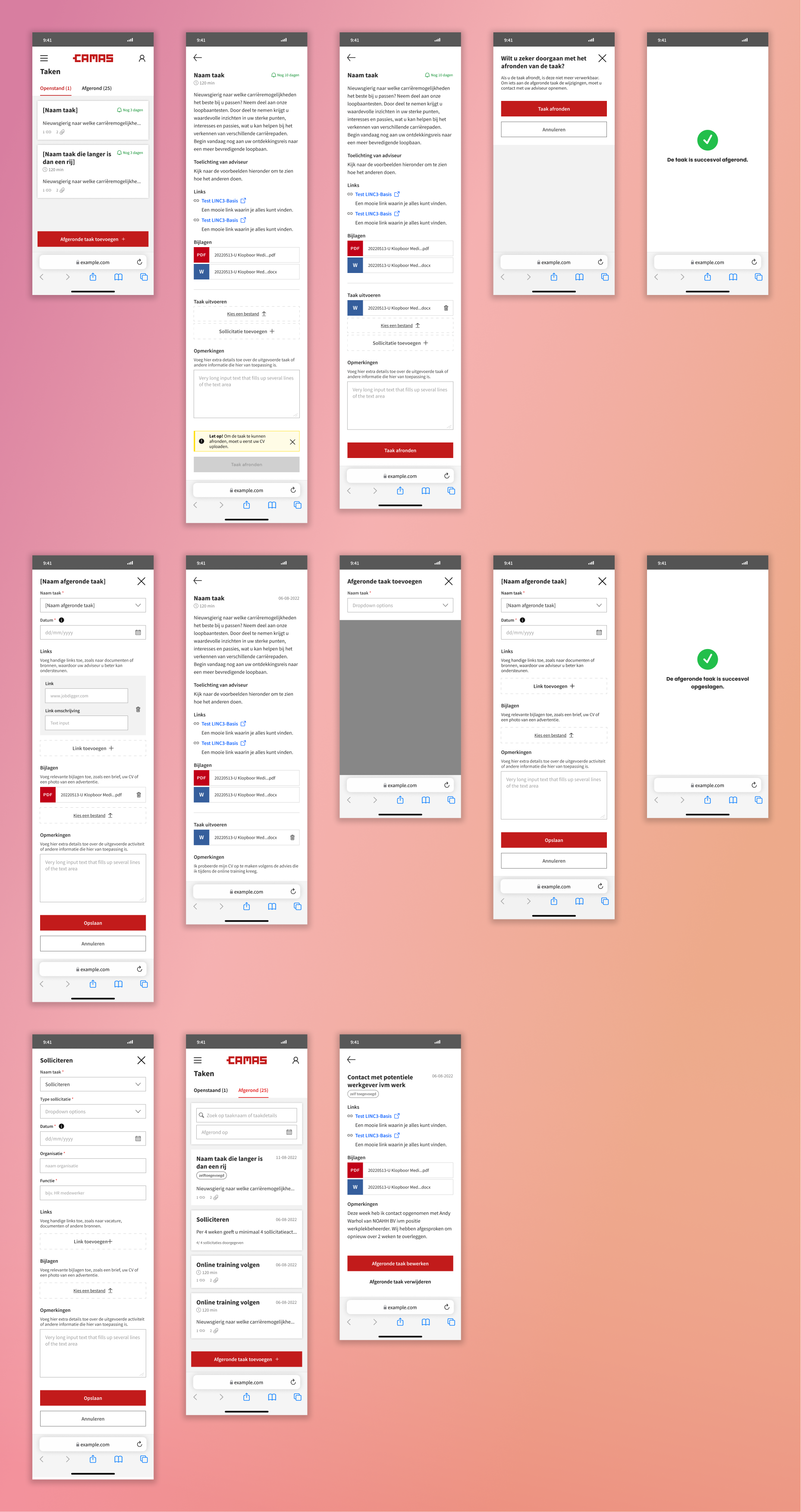 Collage featuring the main flows and mobile screens for the Taken module.