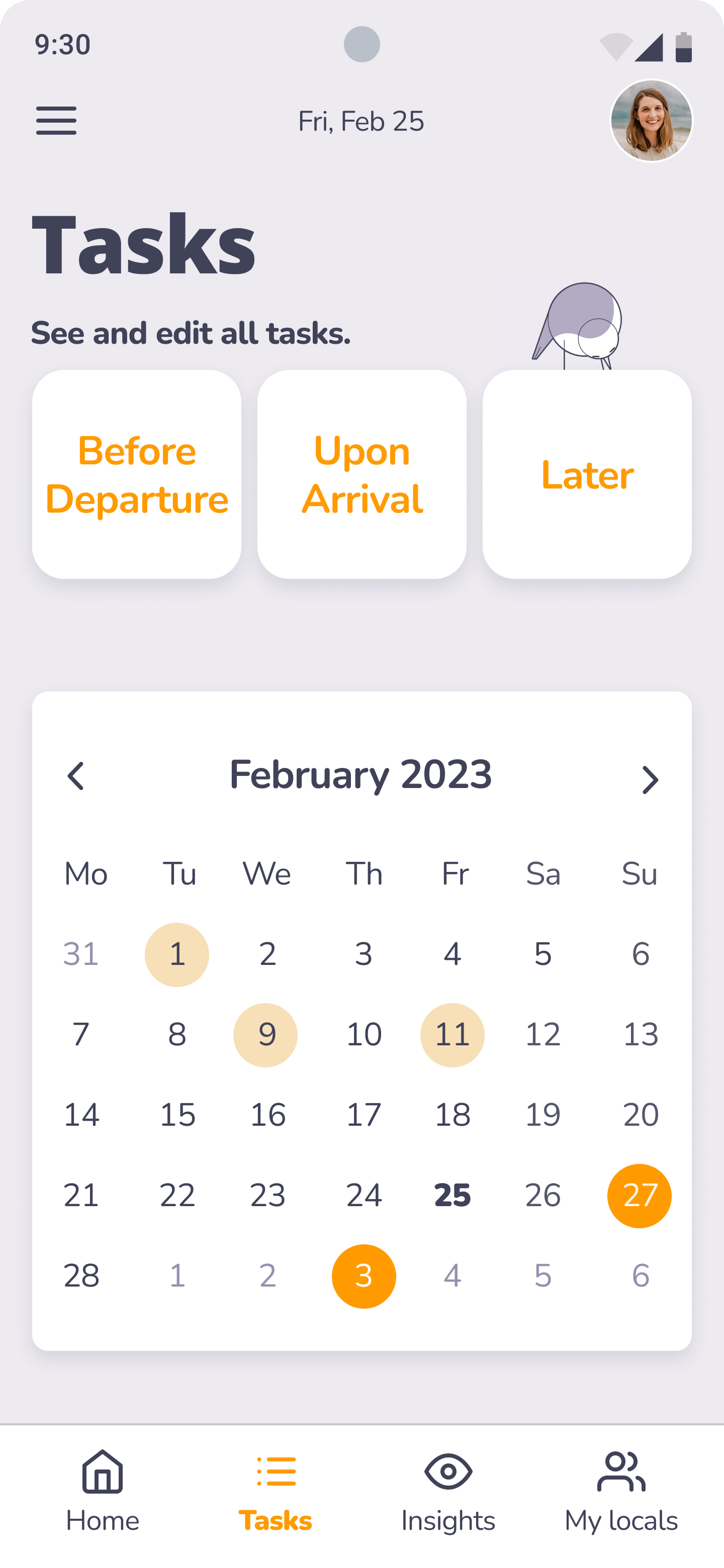 App screen titled: Tasks, showing a calendar and tasks from 3 different moments in time.
