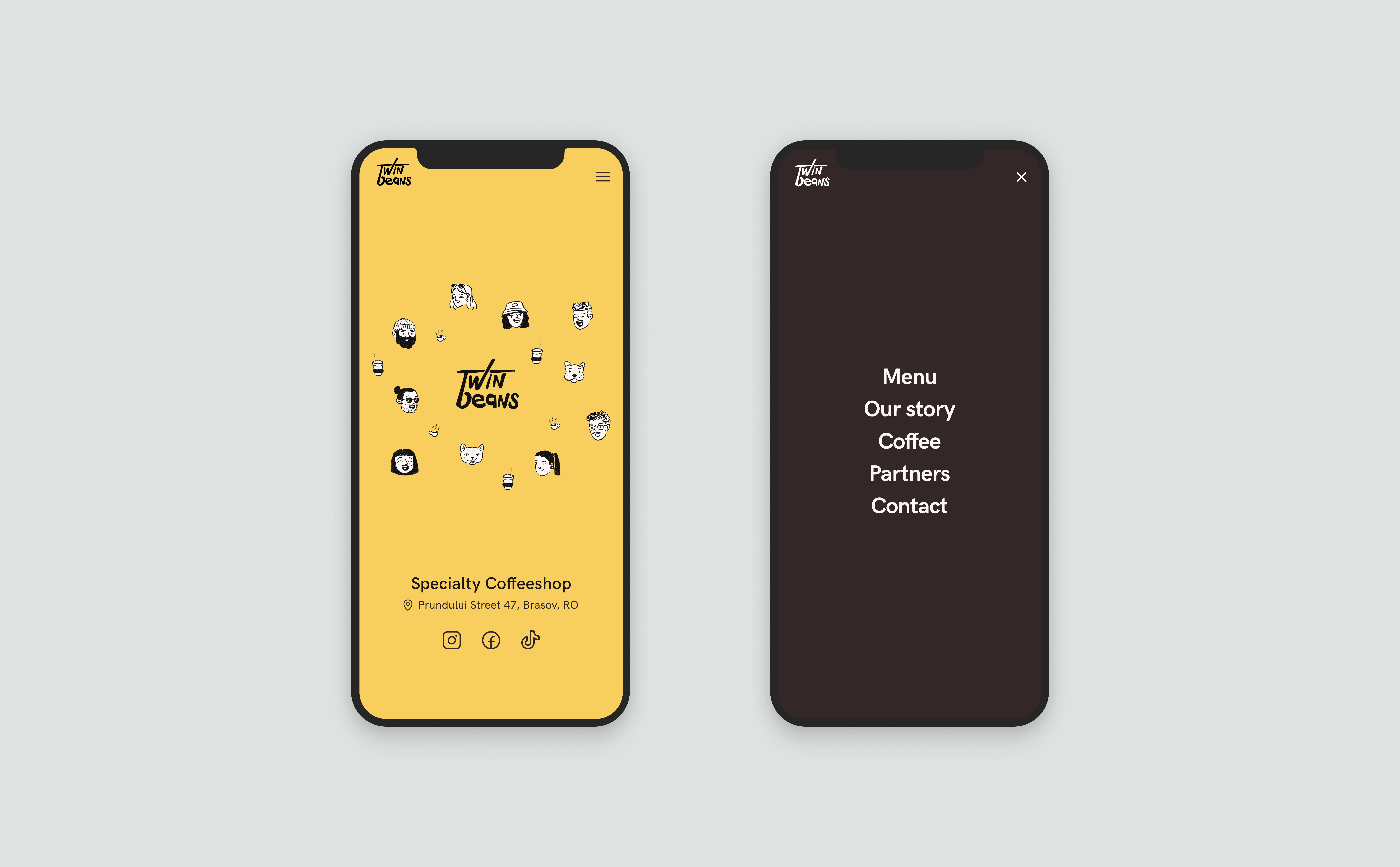 Illustration showing two mockups of the Twinbeans mobile site: one of the homepage and one of the dropdown menu.