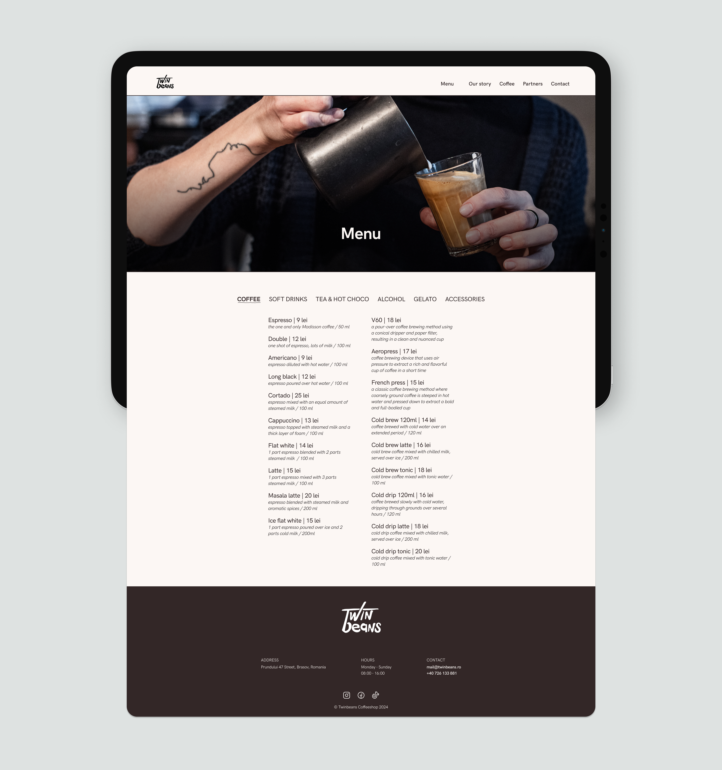 Illustration showing the tablet mockup of the Menu page of the Twinbeans website.