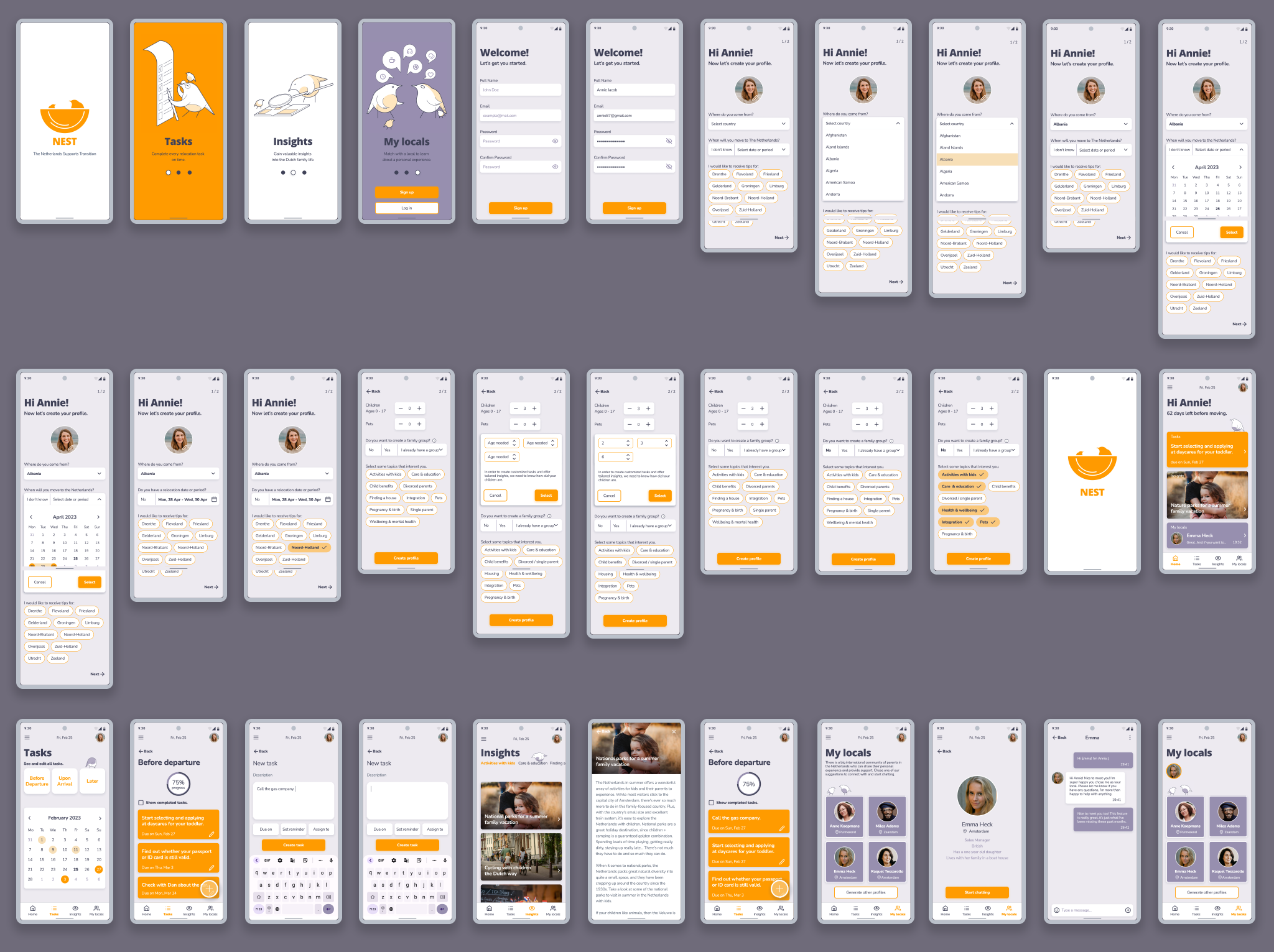 Collage showcasing all screens and user flows of the NEST app.